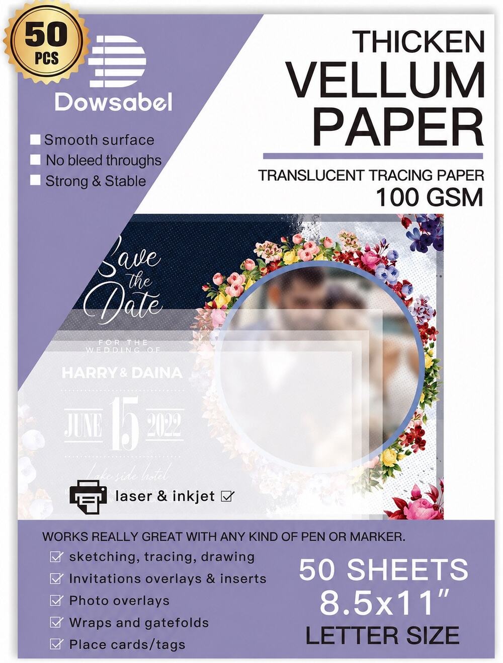 Dowsabel Translucent Vellum Paper 50 Sheets 8.5x11 100 GSM Heavyweight